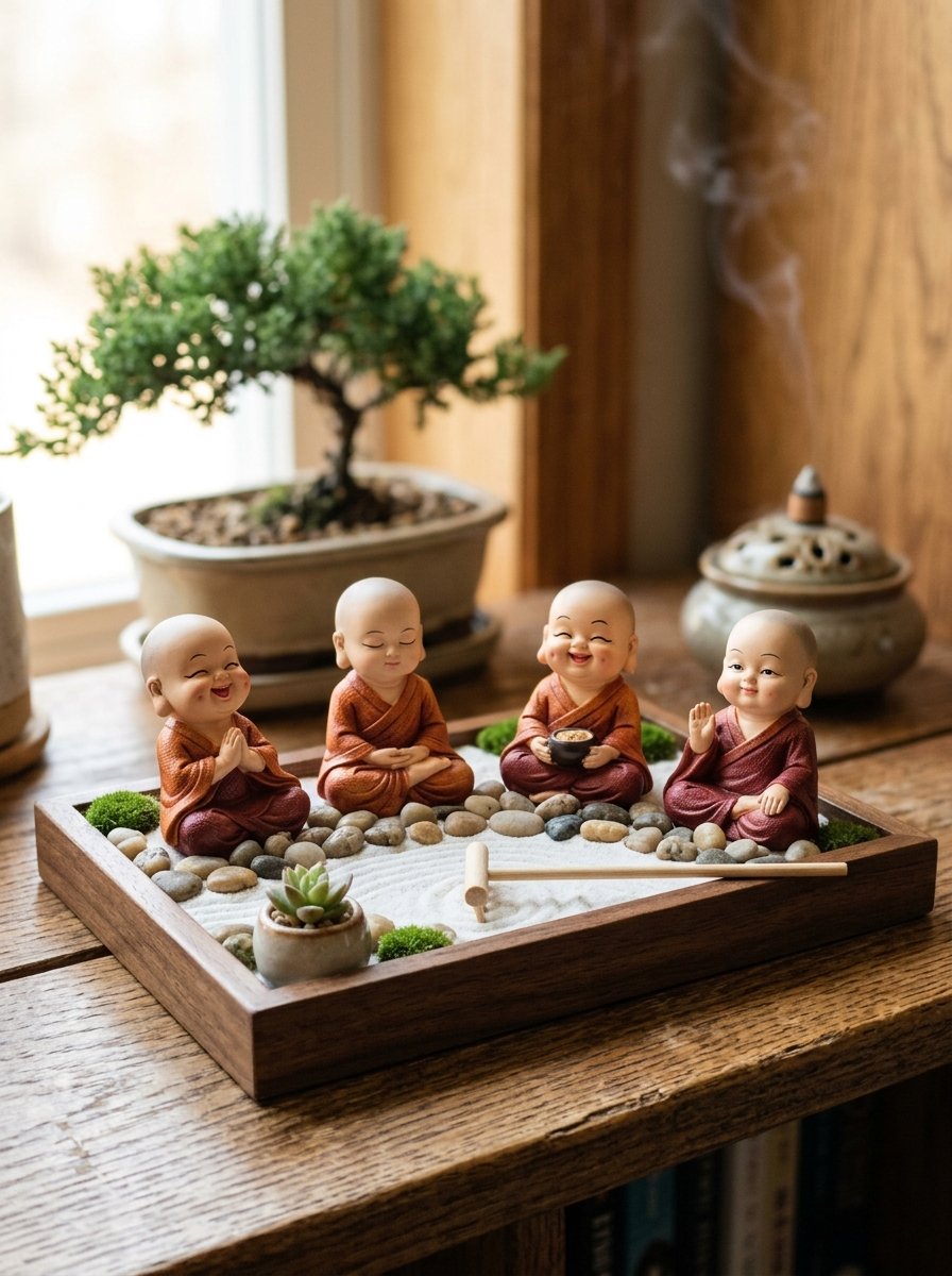 TIED RIBBONS Set of 4 Miniature Buddha Monk Statues