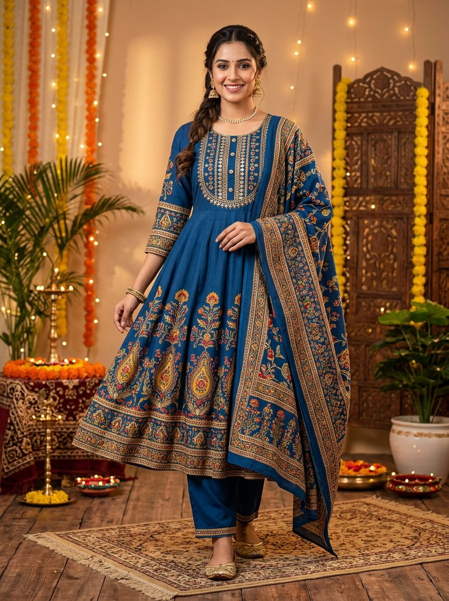 KLOSIA Women's Rayon Printed Anarkali Kurta Set