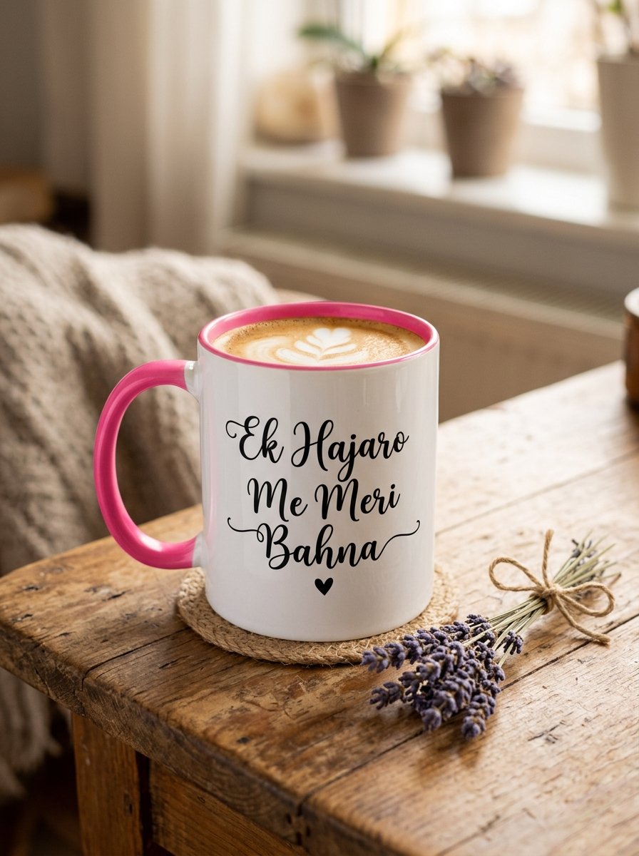 Ek Hajaro Me Meri Bahna Pink Handle White Ceramic Mug