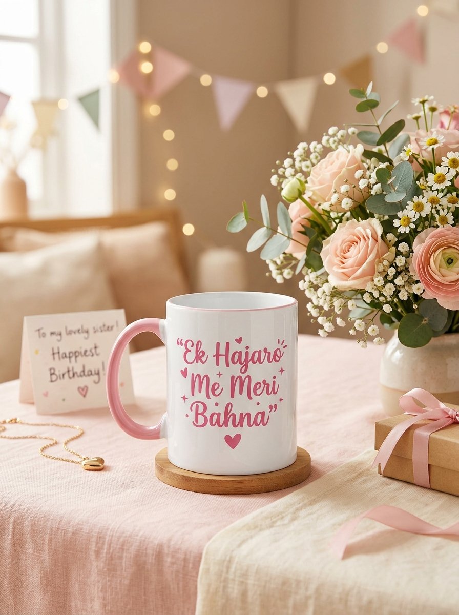 Ek Hajaro Me Meri Bahna Pink Handle White Ceramic Mug