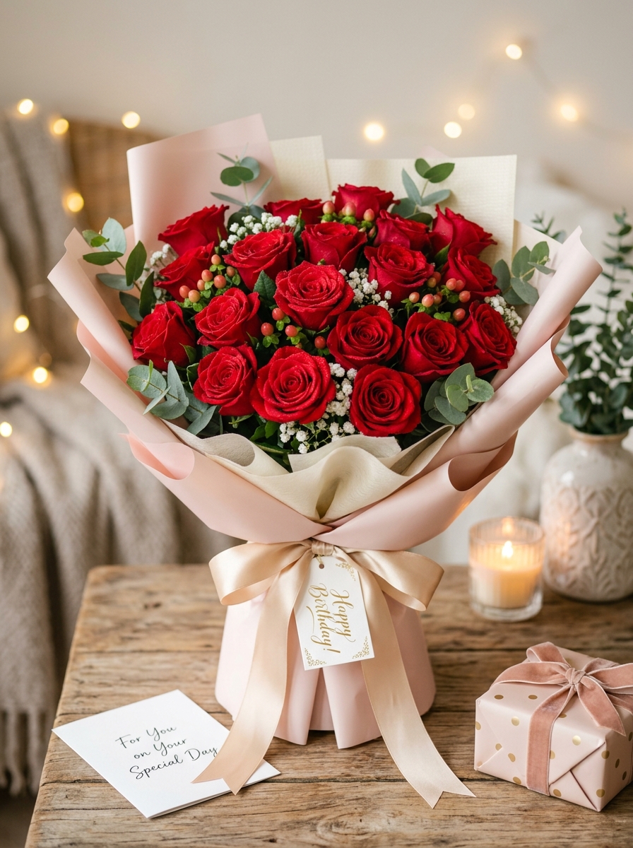 Fresh Red Rose Handcrafted Birthday Bouquet